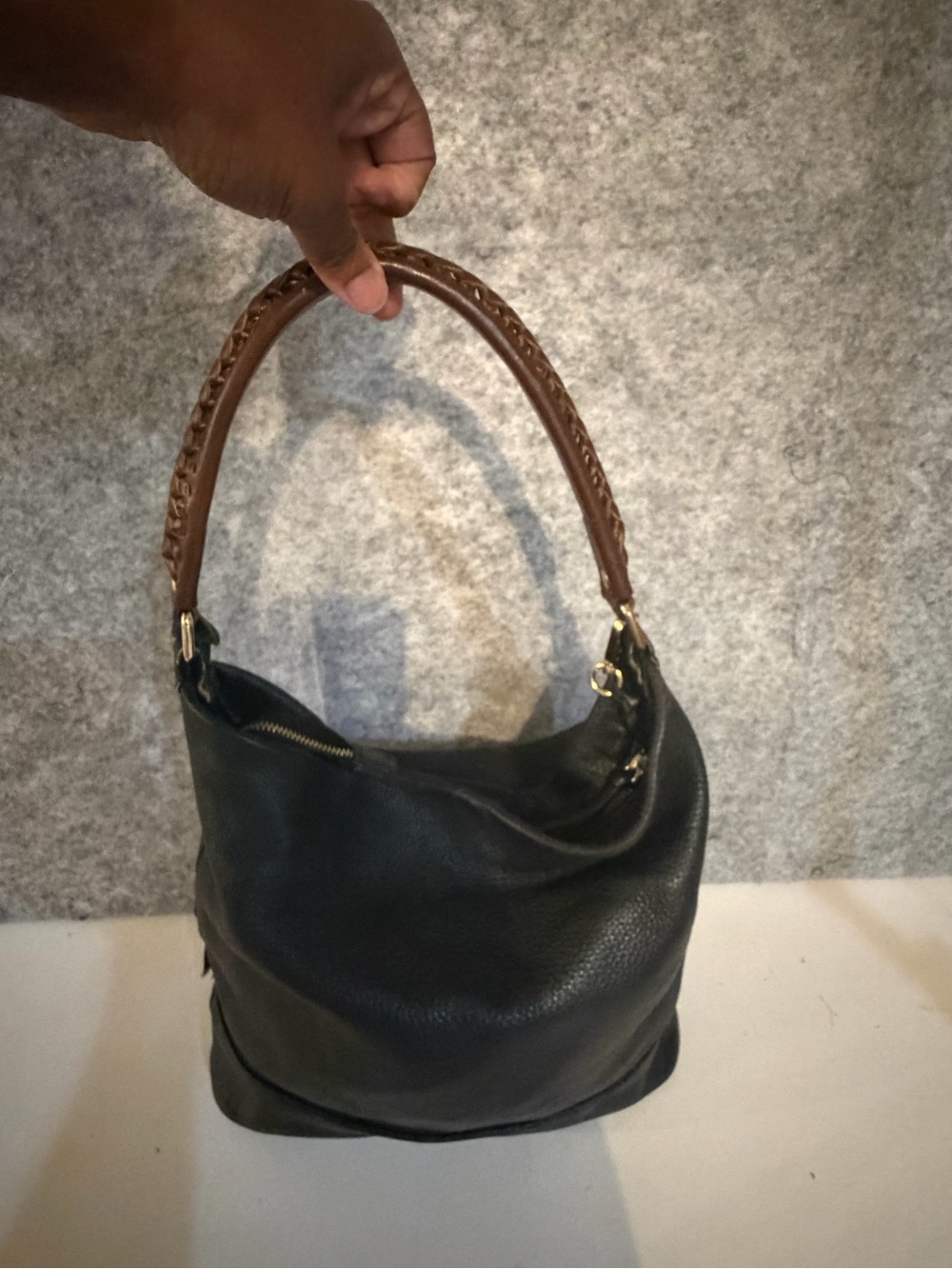Varrlale Genuine Leather Black Hobo Shoulder Bag Brown Braided Handle - Picture 2 of 9